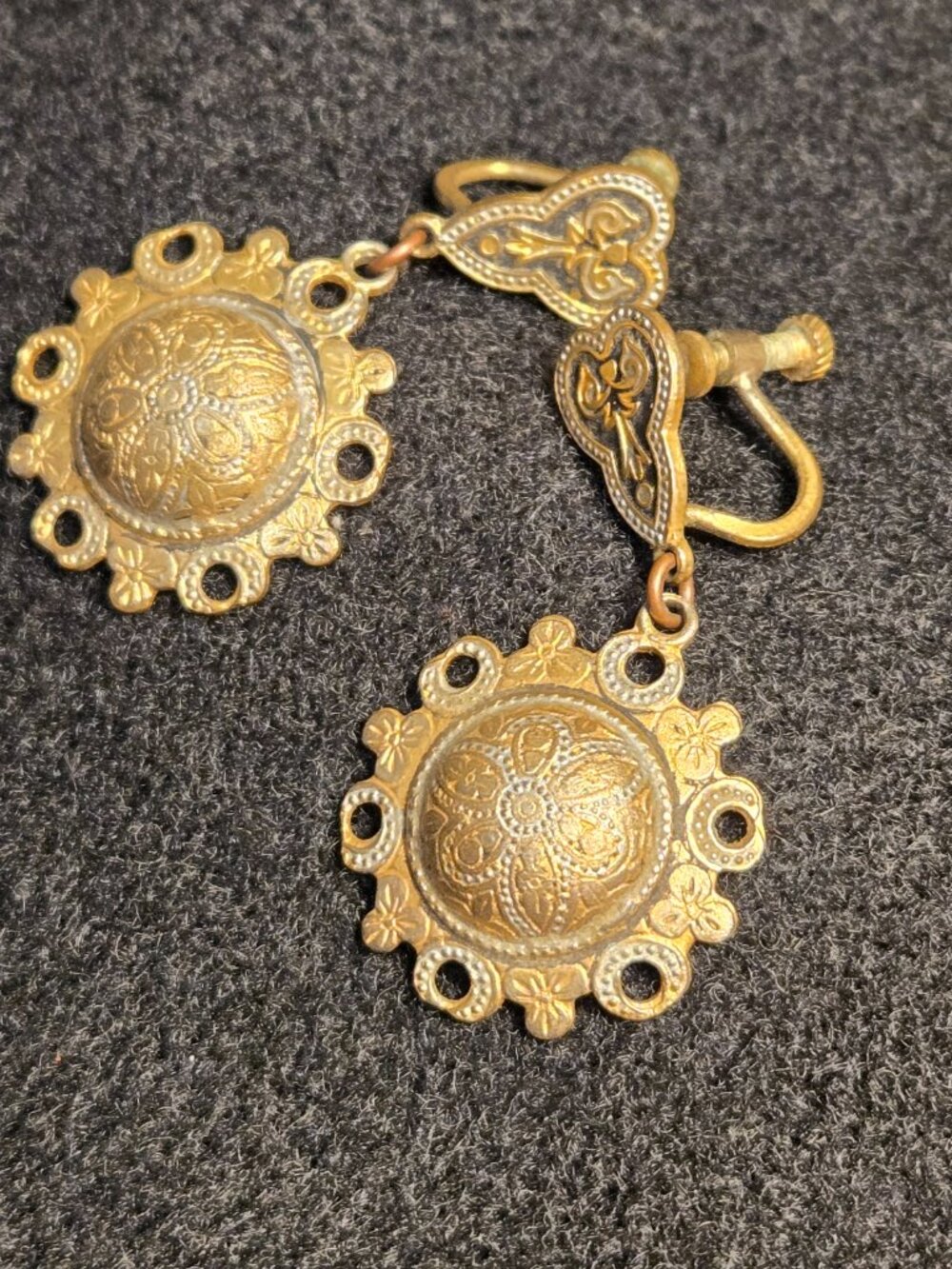 Vintage Brass Repoussé Medallion Dangle Screw-Back Earrings